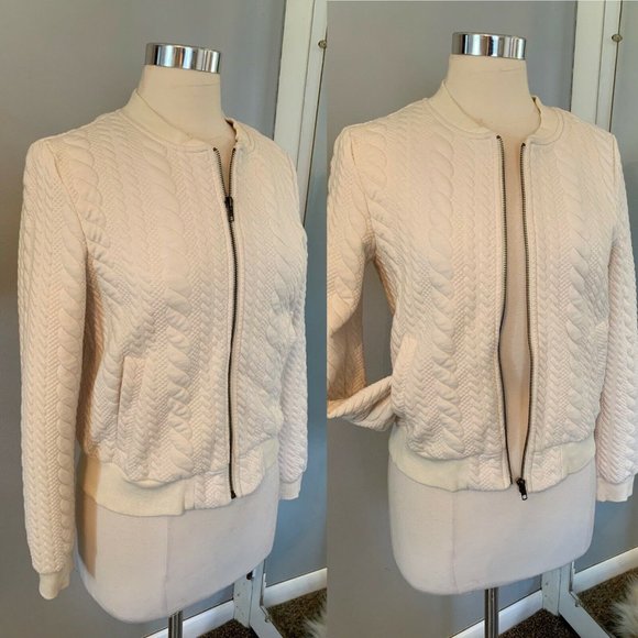 Cropped Ivory Cable knit sweater Jacket Sz S Preppy academia zip front Old Money - Picture 1 of 10